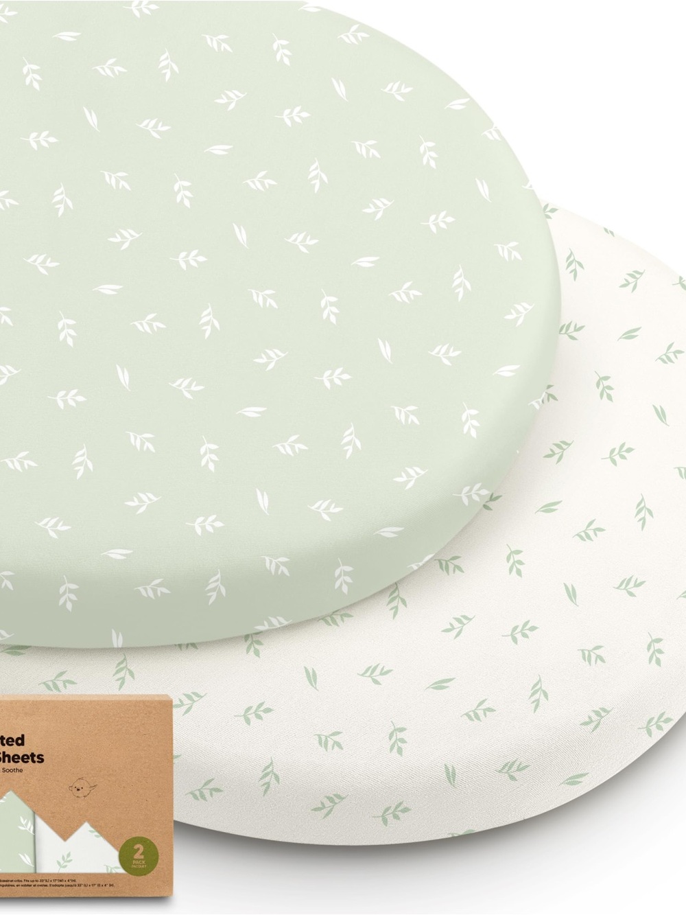 Organic Bassinet Sheets-Green & White Leaf Print Round - Set of 2